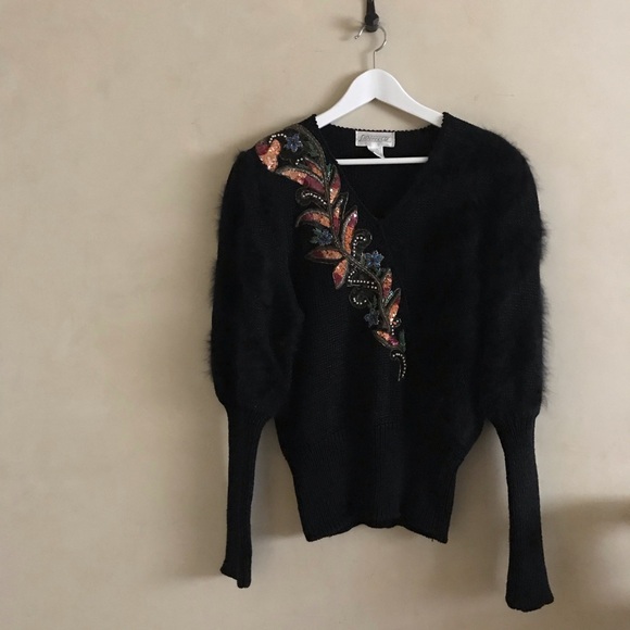 Vintage Sweaters - Vintage Black Angora and Lambswool Beaded Sweater